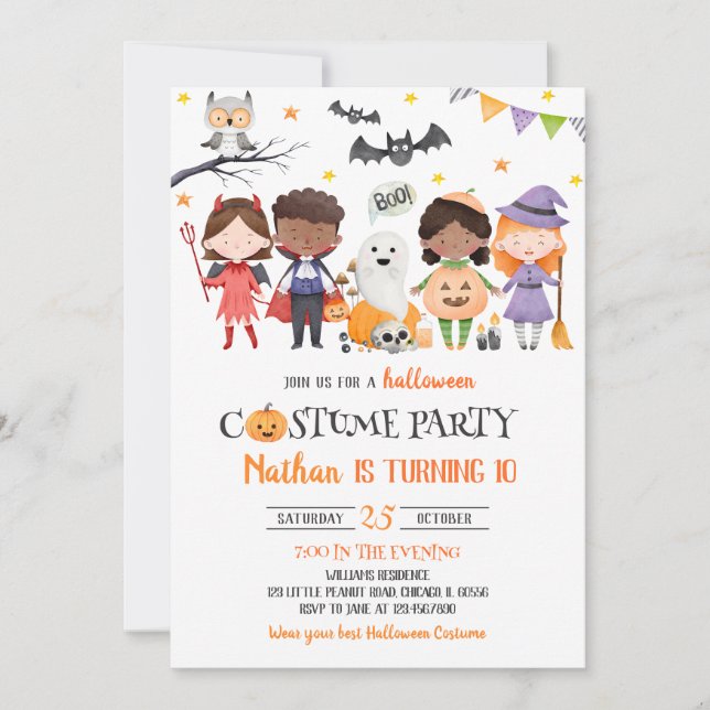 Invitación Fiesta de disfraces cutáneos Halloween Cumpleaños (Anverso)