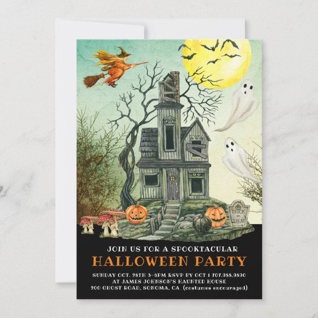 Invitación Fiesta de disfraces de casa embrujada en Halloween (Anverso)