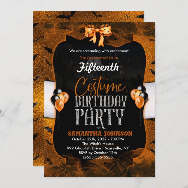 Invitación Fiesta de disfraces de cumpleaños de Halloween (Anverso / Reverso)