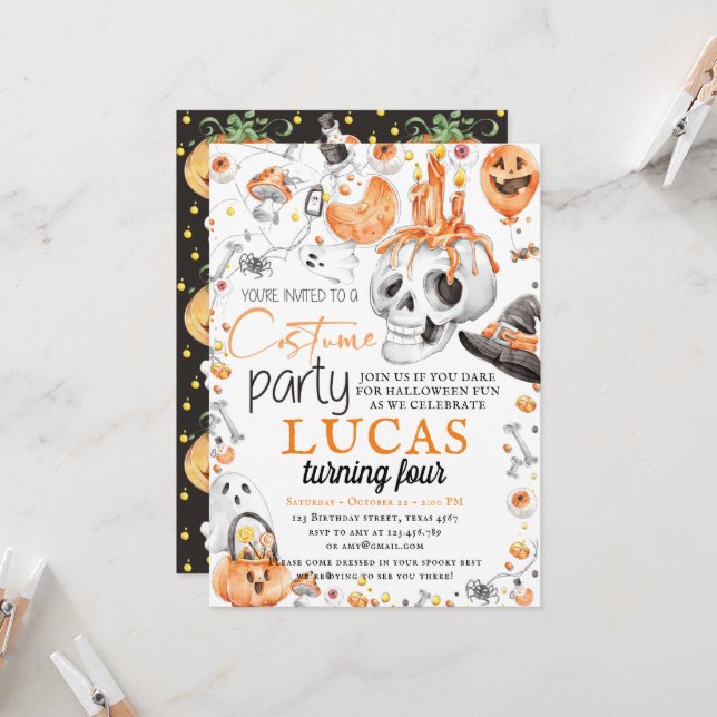 Invitación Fiesta de disfraces de cumpleaños de Halloween (Anverso/Reverso In Situ)