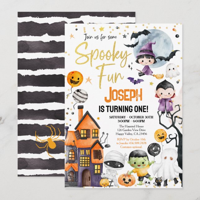 Invitación Fiesta de disfraces de cumpleaños de Halloween (Anverso / Reverso)