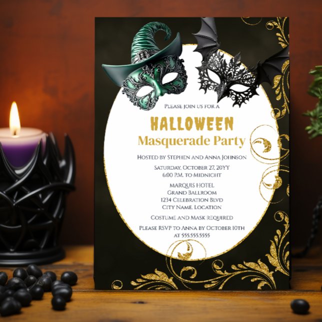 Invitación Fiesta de disfraces de disfraz Purpurina de Hallow (Halloween masquerade costume party invitation front.)