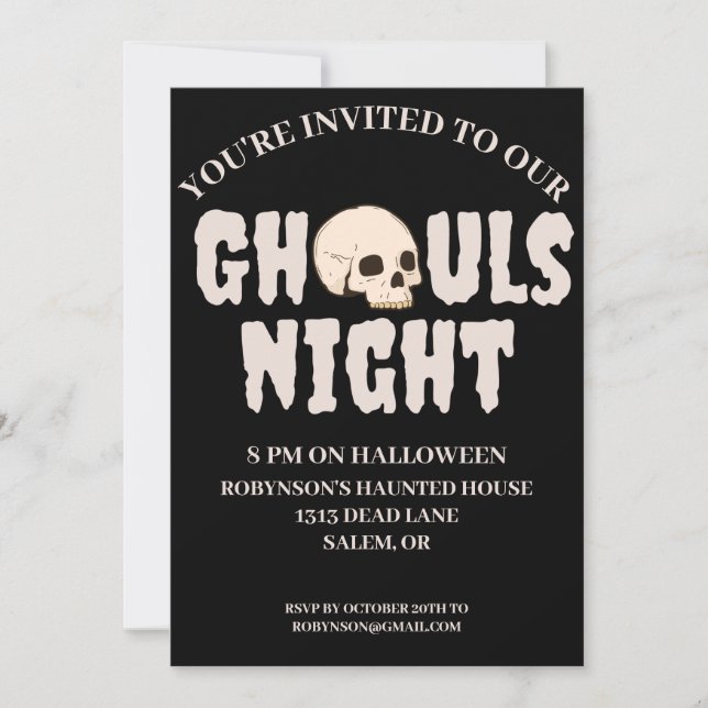 Invitación Fiesta de disfraces de Halloween blanco y negro (Anverso)