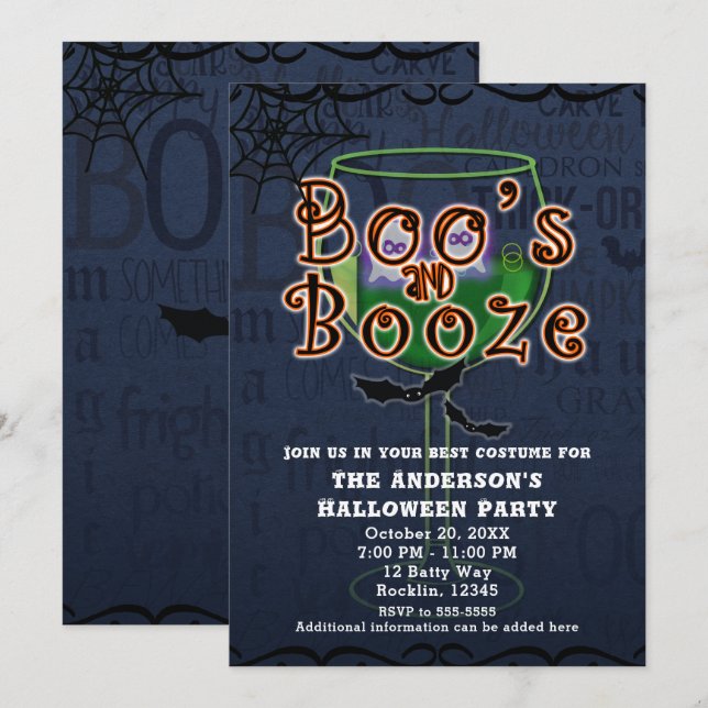 Invitación Fiesta de disfraces de Halloween Boos & Booze Ghos (Anverso / Reverso)