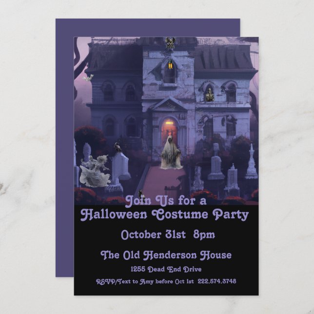 Invitación Fiesta de disfraces de Halloween, casa embrujada (Anverso / Reverso)