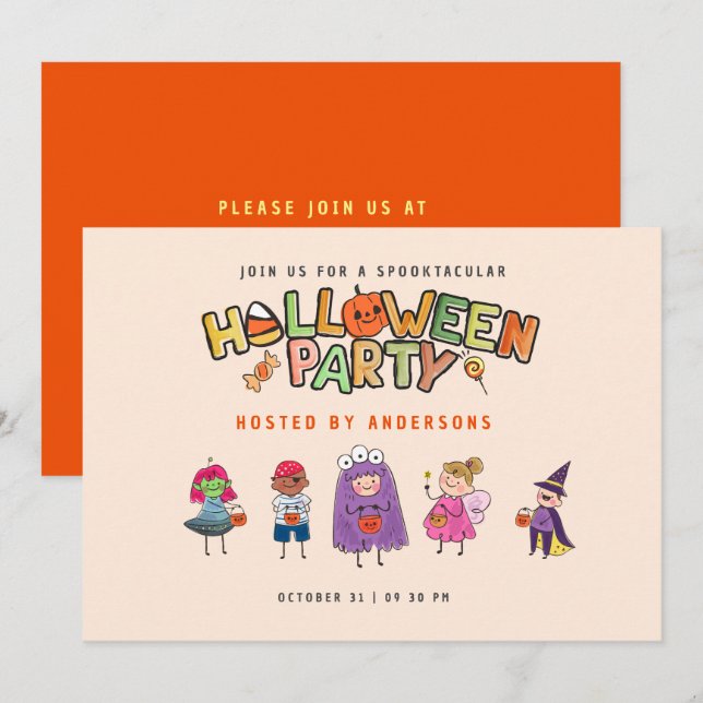 Invitación Fiesta de disfraces de Halloween colorido para niñ (Anverso / Reverso)