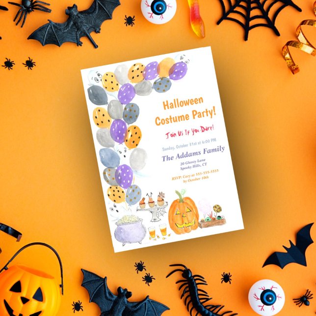 Invitación Fiesta de disfraces de Halloween con acuarela (A fun watercolor Halloween invitation for your next kids party! )