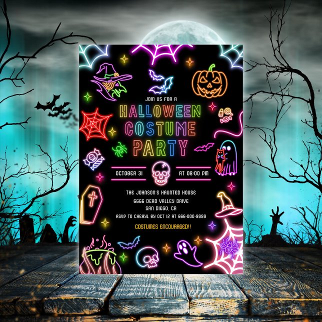 Invitación Fiesta de disfraces de Halloween con brillo de neó (Neon Glow in the dark Halloween Costume Party Invitation)