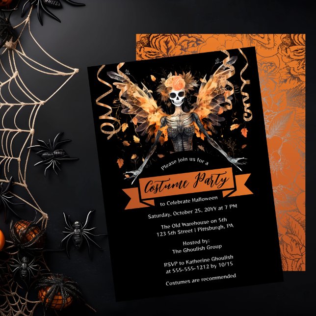 Invitación Fiesta de disfraces de Halloween con cráneo gótico (Gothic Skeleton Faerie Halloween Costume Party Invitation)