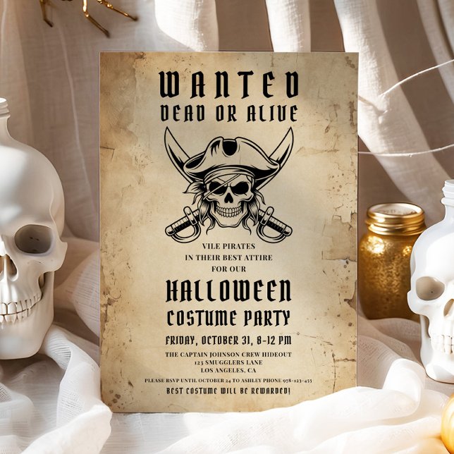 Invitación Fiesta de disfraces de Halloween con cráneo pirata (Vintage Pirate Skull Halloween Costume Party Invitation)