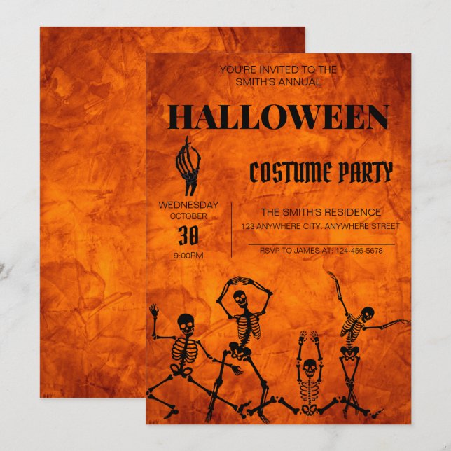 Invitación Fiesta de disfraces de Halloween con esqueletos ba (Anverso / Reverso)