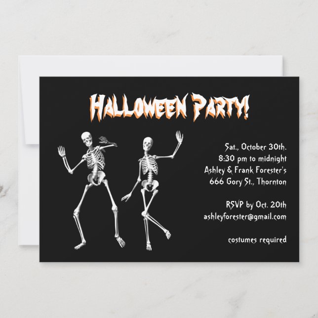 Invitación Fiesta de disfraces de Halloween con esqueletos de (Anverso)