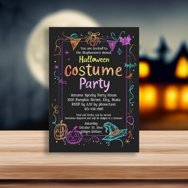 Invitación Fiesta de disfraces de Halloween con estilo Neker  (neon marker kids halloween invitation)