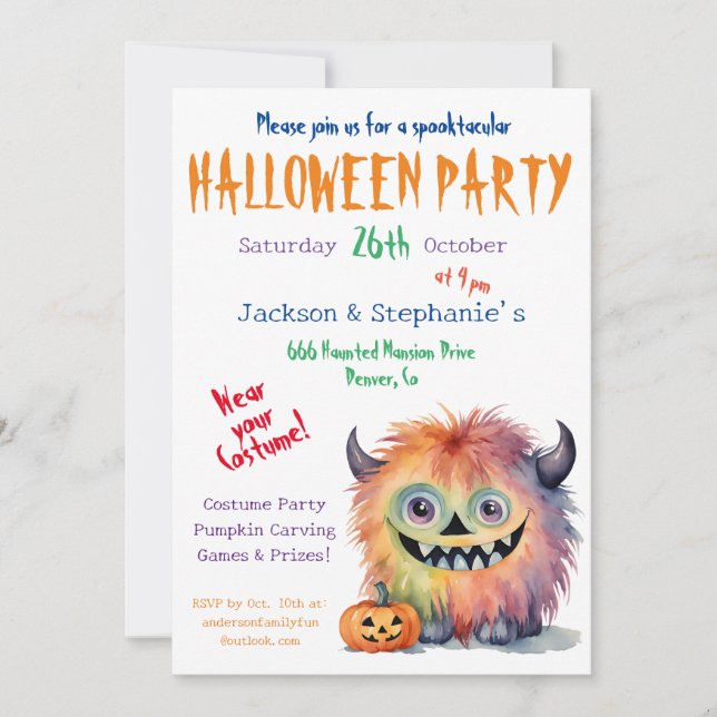 Invitación Fiesta de disfraces de Halloween con monstruos dif (Anverso)