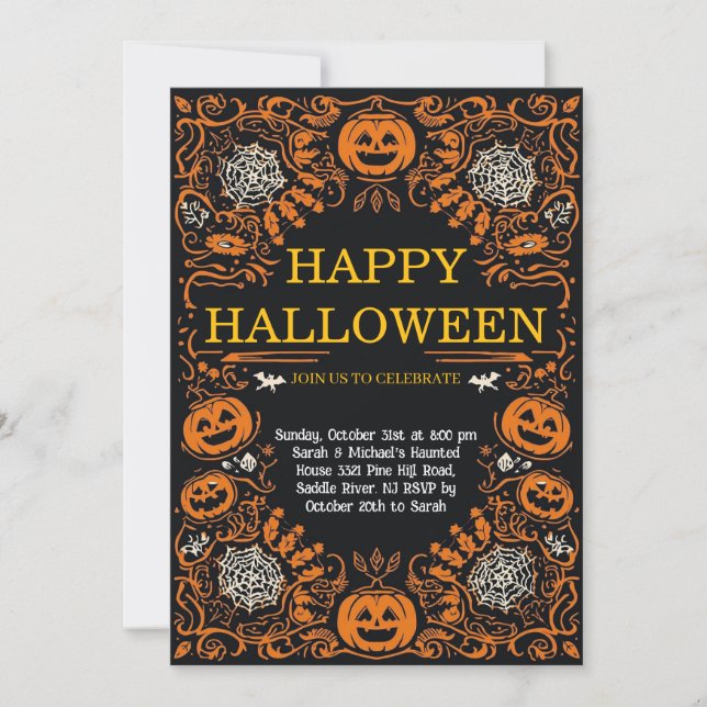 Invitación Fiesta de Disfraces de Halloween de Calabaza y Tel (Anverso)
