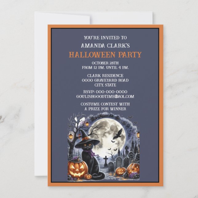 Invitación Fiesta de disfraces de Halloween de gato negro  (Anverso)