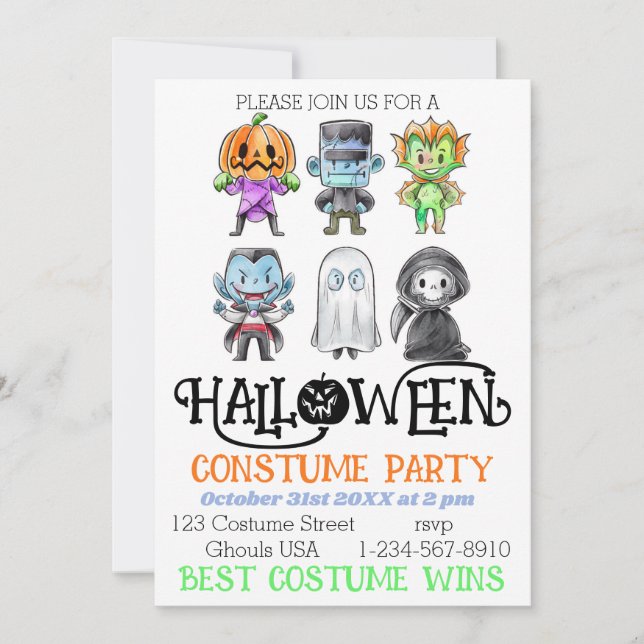 Invitación Fiesta de disfraces de Halloween de los monstruos (Anverso)