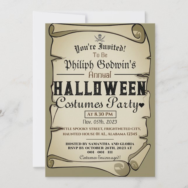 Invitación Fiesta de disfraces de Halloween de piratas rústic (Anverso)