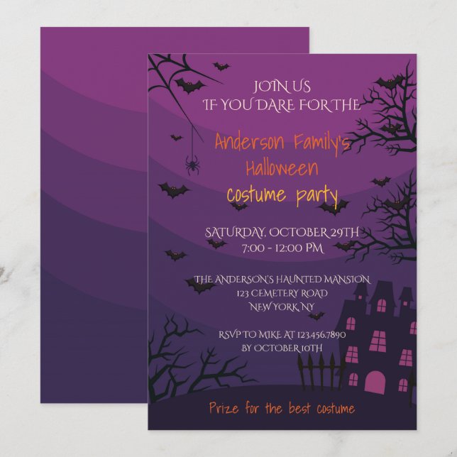 Invitación Fiesta de disfraces de Halloween en casa morada (Anverso / Reverso)