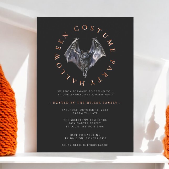 Invitación Fiesta de disfraces de Halloween en murciélago mín (modern simple clean halloween costume party invitation )