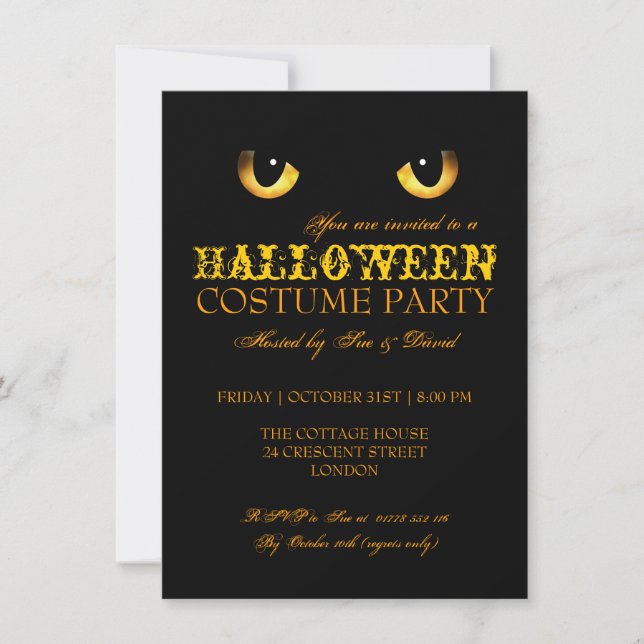 Invitación Fiesta de disfraces de Halloween Gato negro amaril (Anverso)