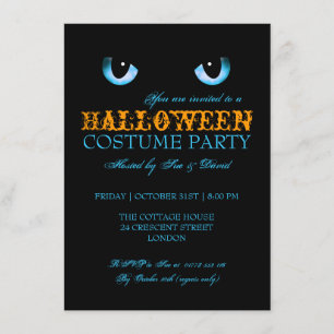 Invitación Fiesta de disfraces de Halloween Gato negro azul