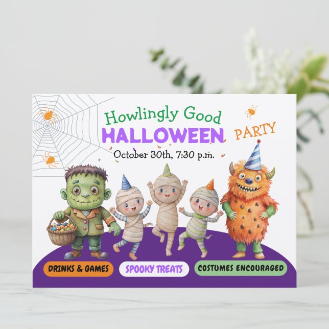 Invitación Fiesta de disfraces de Halloween monstruos diversi (Anverso de pie)