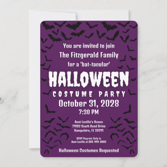 Invitación Fiesta de disfraces de Halloween morado Batty Bat- (Anverso)