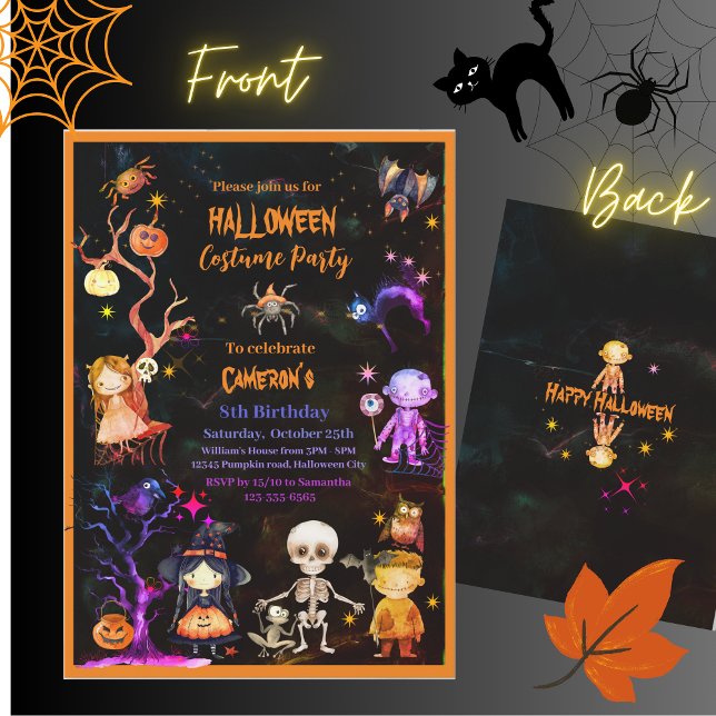 Invitación Fiesta de disfraces de Halloween Naranja Niños mor (Halloween Costume Party Orange Purple Kids Invitation)