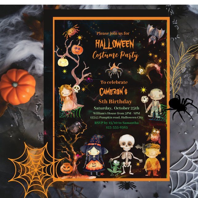 Invitación Fiesta de disfraces de Halloween Naranja Niños ver (Halloween Costume Party Orange Green Kids Invitation)