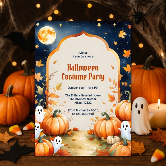 Invitación Fiesta de disfraces de Halloween para chicos (Cute Ghosts & Pumpkins Kids Halloween Costume Party Invitation Full Moon Spooky Cute Fall Design)