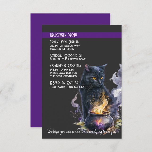 Invitación Fiesta de disfraces de Halloween para gatos negros (Anverso / Reverso)