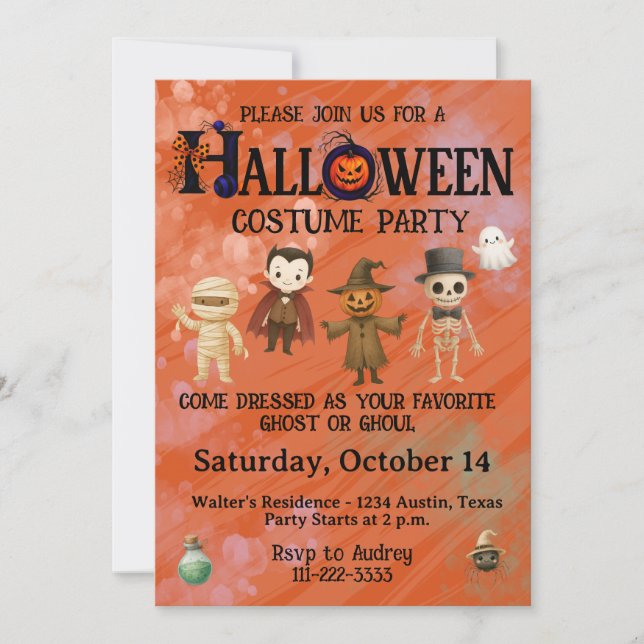 Invitación Fiesta de disfraces de Halloween para niños (Anverso)