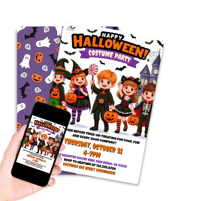 Invitación Fiesta de disfraces de Halloween para niños editab (Happy Halloween Costume Party invite printable and digital download editable options)