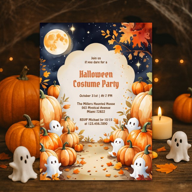 Invitación Fiesta de disfraces de Halloween para niños fantas (Cute Ghost & Pumpkin Kids Halloween Costume Party Invitation Spooky-Cute Full Moon Night)