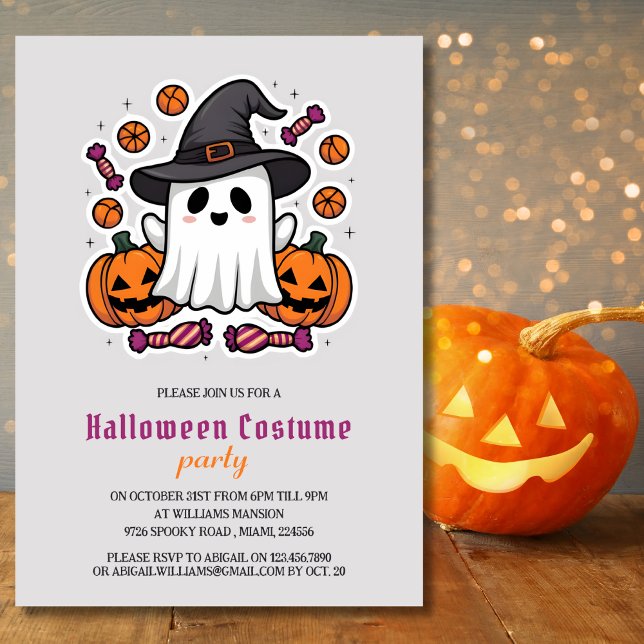 Invitación Fiesta de disfraces de Halloween para niños fantas (Cute Ghost and Pumpkins | Kids Halloween Costume Party Invitation for Kids)