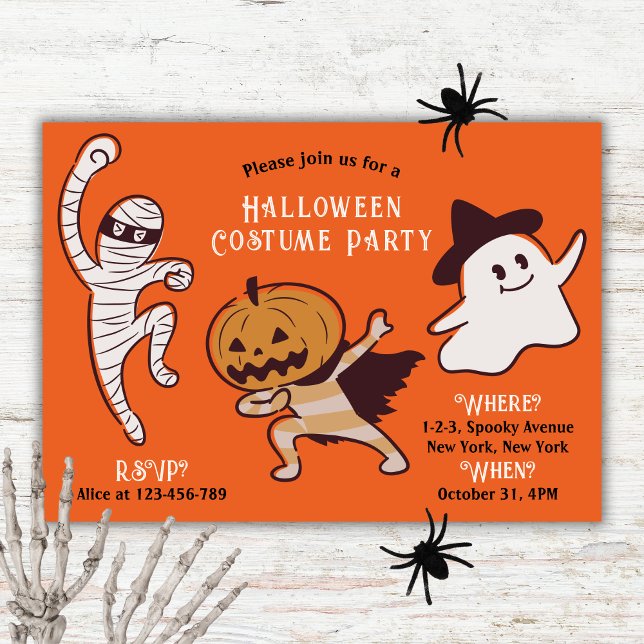 Invitación Fiesta de disfraces de Halloween para niños no tan (Kids Not So Scary Halloween Costume Party. Mummy, Pumpkin Monster, Cute Ghost.)