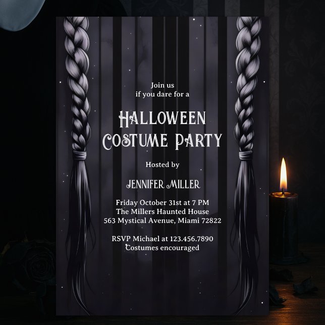Invitación Fiesta de disfraces de Halloween para trajes gótic (Gothic Braids Halloween Costume Party – Dark Academia Black & Gray Template)