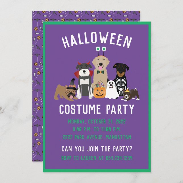 Invitación Fiesta de disfraces de Halloween perros gato negro (Anverso / Reverso)