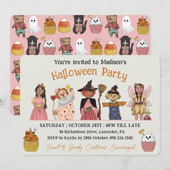Invitación Fiesta de disfraces de Halloween rosa dulce y espe (Anverso / Reverso)