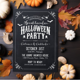 Invitación Fiesta de disfraces de Halloween rústica en blanco