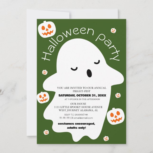 Invitación fiesta de disfraces de Halloween simples y espeluz (Anverso)