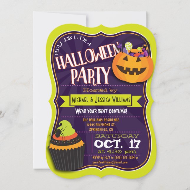 Invitación Fiesta de disfraces de Halloween verde y morado di (Anverso)