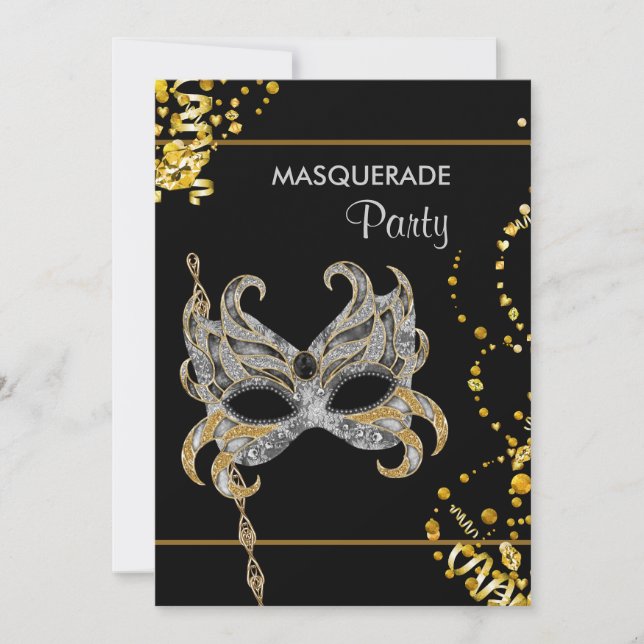 Invitación Fiesta de disfraces de Mardi Gras de oro plateado (Anverso)
