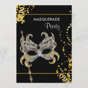 Invitación Fiesta de disfraces de Mardi Gras de oro plateado