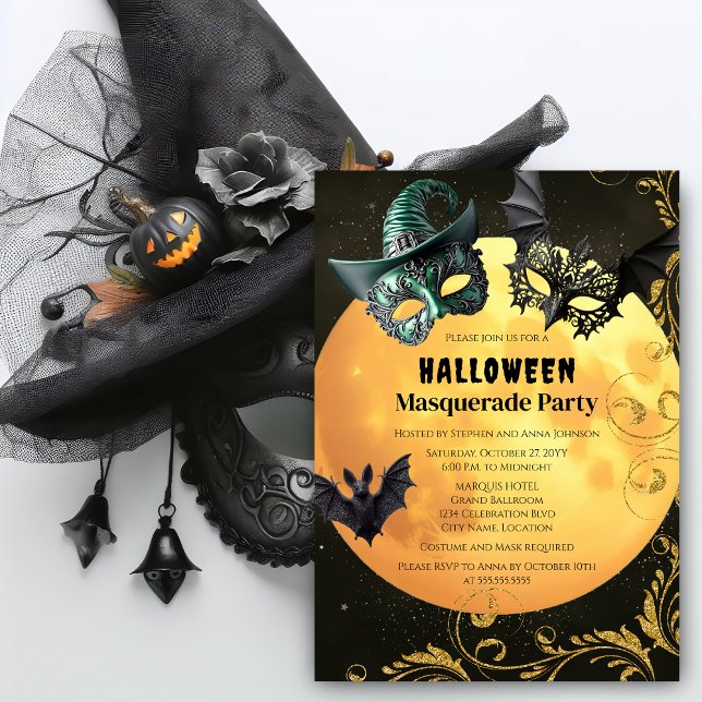 Invitación Fiesta de disfraces de mascarada de Halloween (Full moon, bats, and Halloween masquerade costume party invitation front.)