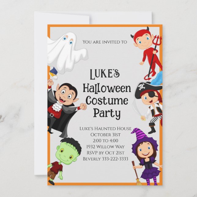 Invitación Fiesta de disfraces de niño de Halloween (Anverso)