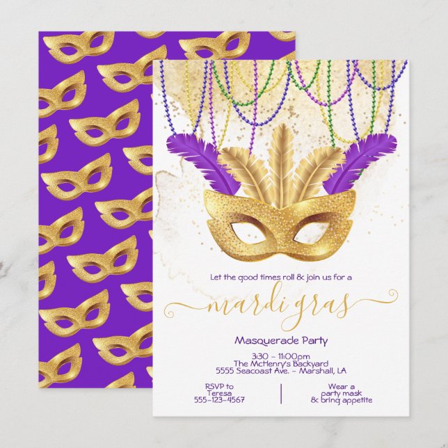 Invitación Fiesta de disfraces de oro de Mardi Gras (Anverso / Reverso)