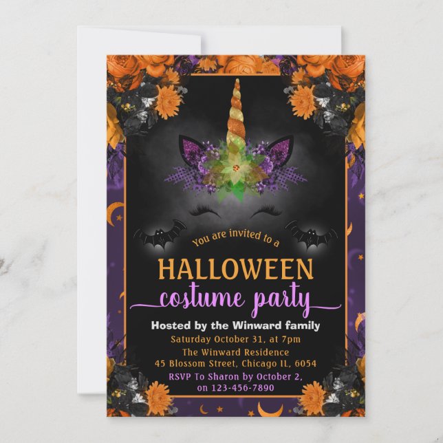 Invitación Fiesta de disfraces de unicornio floral de Hallowe (Anverso)