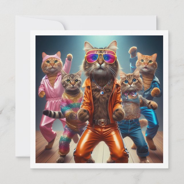 Invitación Fiesta de disfraces, fiesta de baile disco, gato (Anverso)